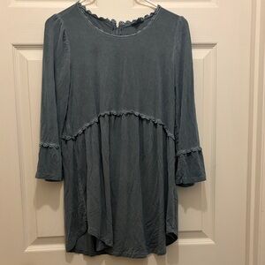 POL Slate Blue Ruffle-Trim Tunic Top